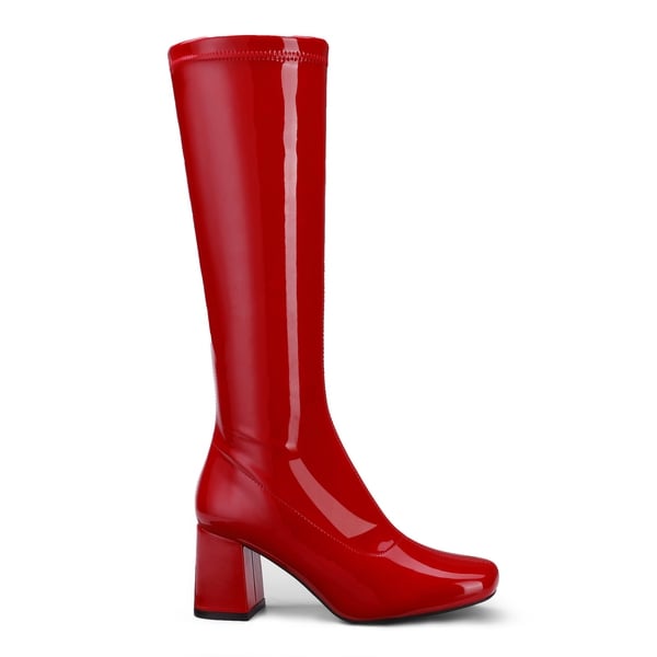 Desire Square Toe Chunky Knee High Gogo Boots - RED PATENT PU - 2